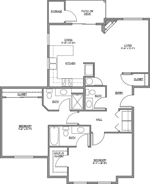 Floor plan for 2 beds, 2.5 baths, 1173 sqft